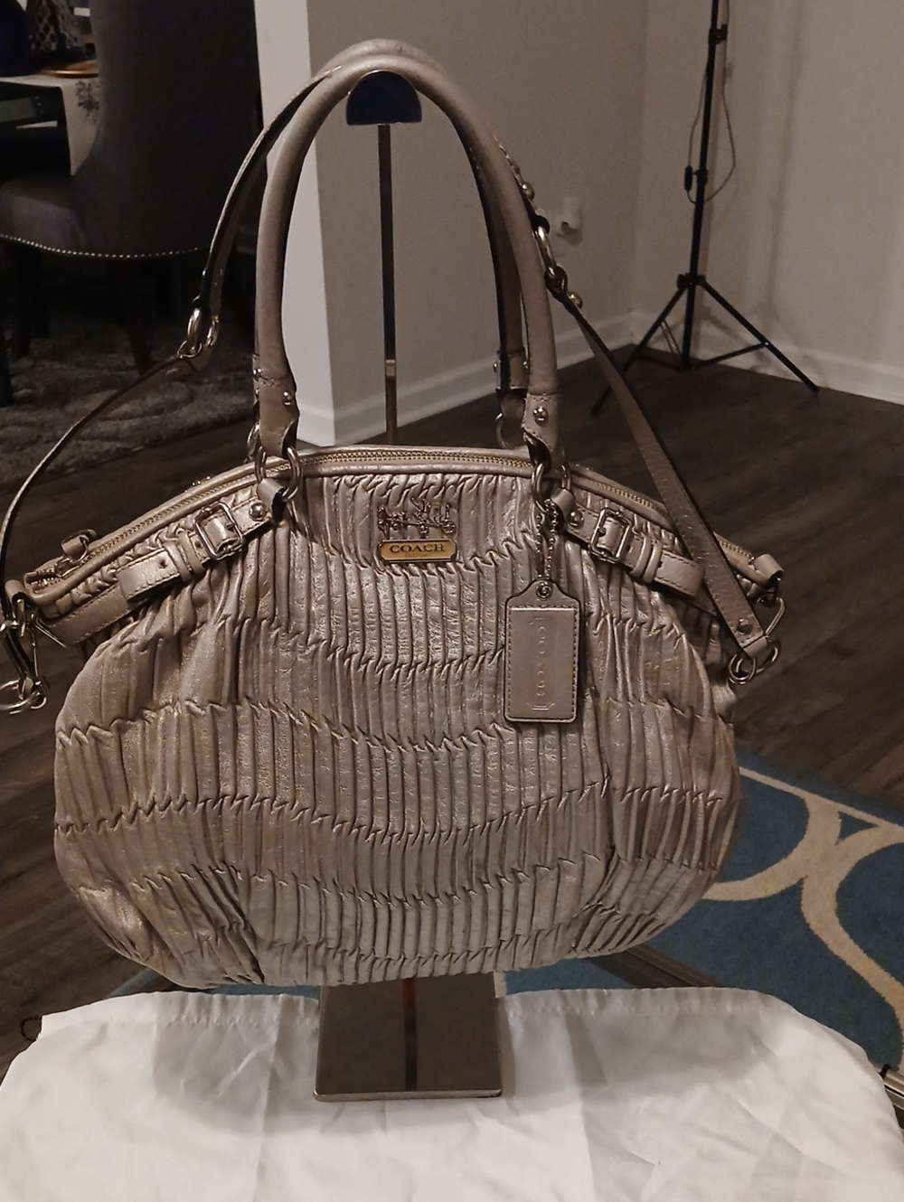 Coach Metallic Silver Ruched Leather Shoulder Bag
